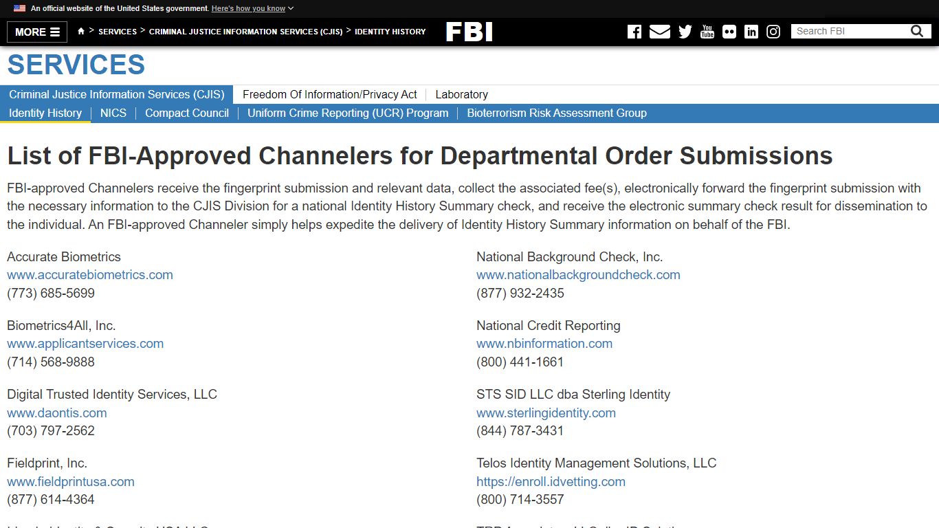 List of FBI-Approved Channelers for Departmental Order Submissions